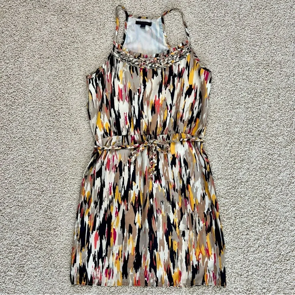 BANANA REPUBLIC Halter A Line Dress Macrame Neck and Belt Black Tan 4